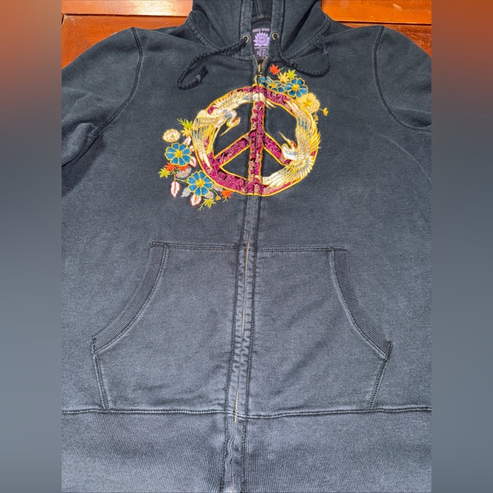 Vintage Lucky Brand Hoodie Women’s Large Black Embroidered Peace Sign Zip Up Y2k